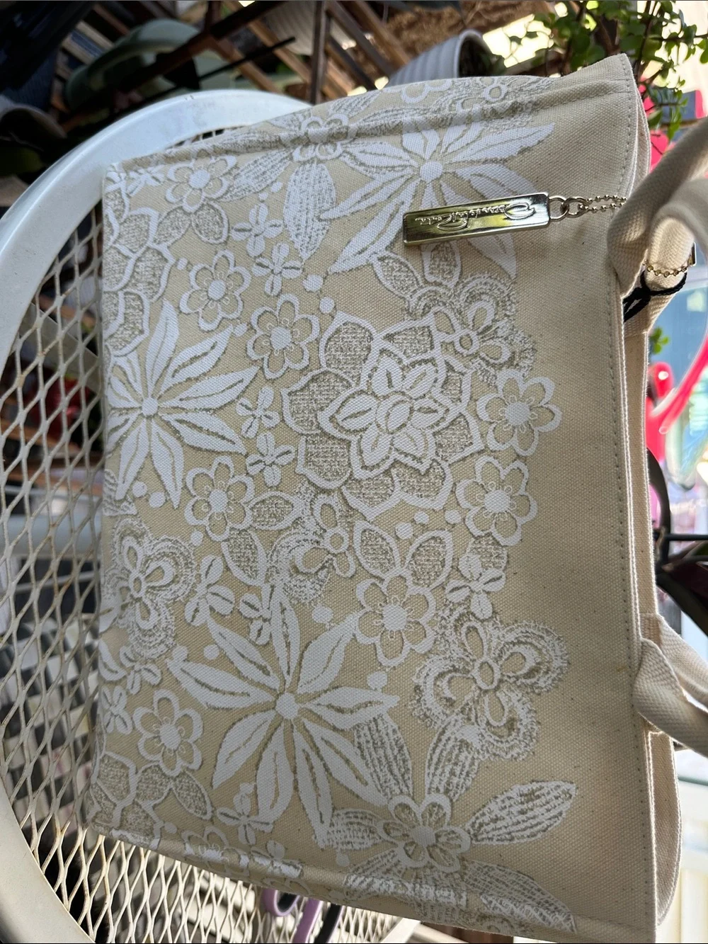 Oscar de la Renta Beige Canvas Tote with White Floral Print
